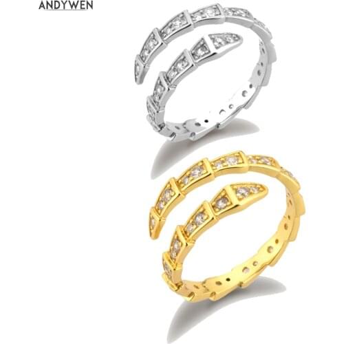ANDYWEN 925 Sterling Silver Gold Stage Zircon Pave Snake Resizable Ring 2020 Rock Punk Fashion Fine Jewelry For European Women