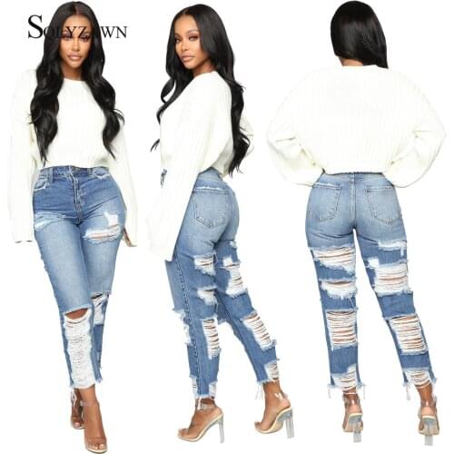 Plus Size 2XL Hole Ripped Jeans Women Straight Pants Loose High Waist Ankle-length Denim Pants Boyfriend Ladies Skinny Jeans