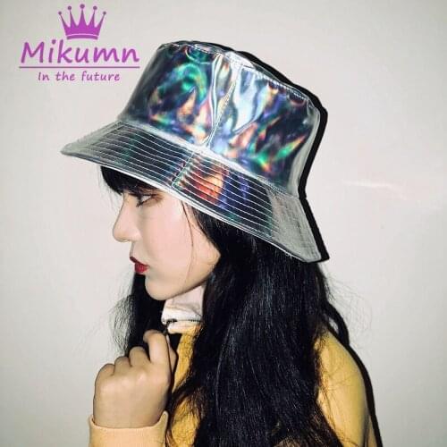 Harajuku Colorful Silver Double Sided Laser Fisherman Hat For Women Streetwear Hip Hop Casual Bucket Hats Sun Caps