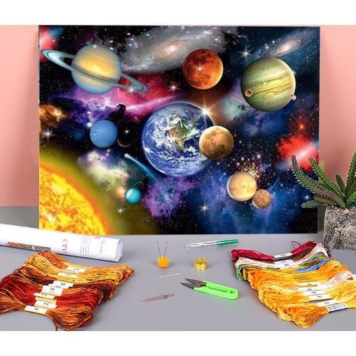 Universe Space Landscape Printed Water-Soluble Canvas 11CT Cross Stitch Complete Kit Embroidery DMC Threads Wholesale