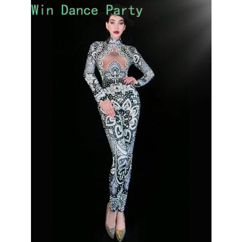 Black White Pearl Rhinestones Jumpsuit Bar Birthday Celebrate Leggings Outfit Evening Women Singer Dance Outfit