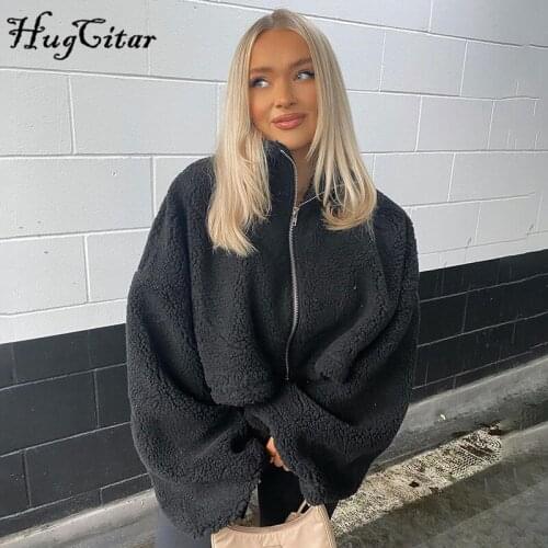 Hugcitar Polar Fleece Zipper Solid Long Sleeve Loose Suit 2021 Autumn Winter Women Fashion Casual Streetwear Outfits Club Y2K