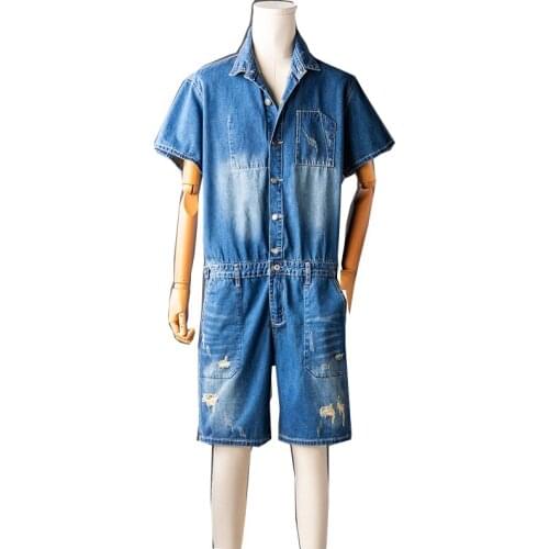 Summer denim short-sleeved one-piece suit for men and women short plus size, printed sleeves jumpsuit, hip-hop printed one-piece