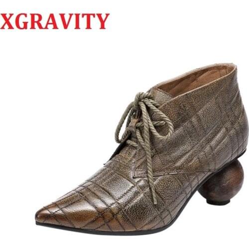 XGRAVITY Fashin Shoes New Comfortable Lantern Heel Boots Genuine Cow Leather Boots Woman Shoes Ladies Footwear Girl Shoess061
