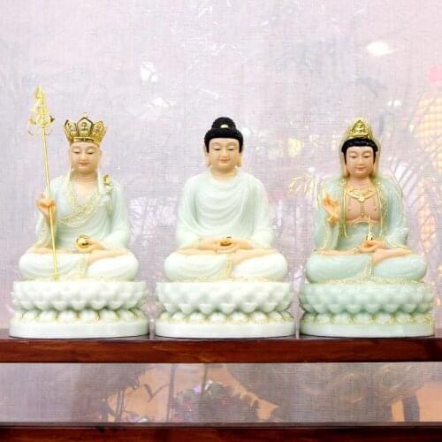 A set 3P High grade gilding jade 3 Buddha Sakyamuni Avalokitesvara Guanyin ksitigarbha Dizang pusa HOME shop bless BUDDHA statue