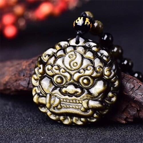 Natural Stone Gold Obsidian Handmade Carved Lion Lucky Amulet Animal Pendant Powerful Fashion Jewelry Gift