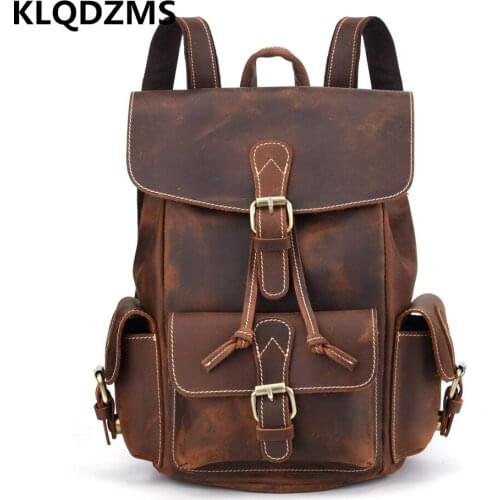 KLQDZMS Mens High Quality Backpack Retro Luxury Genuine Leather Shoulder-Bag Women Multifunctional Casual Schoolbag Hot Sell