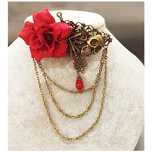 Sugar Skull Rose Gothic Steampunk Brooch Handmade Vintage Chain Badge Pin