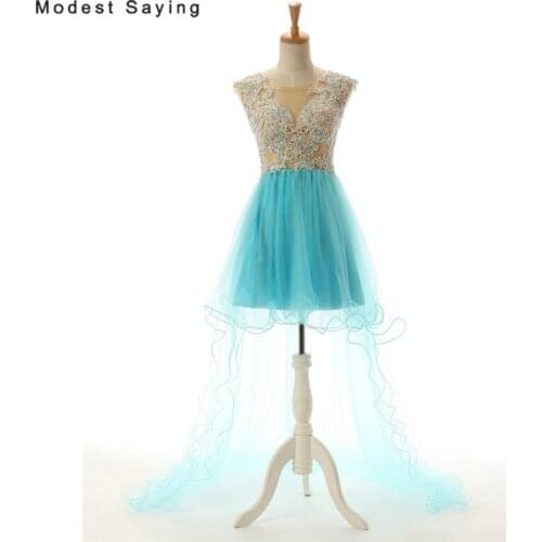 Sexy Blue High/Low Beaded Lace Cocktail Dresses 2017 Nude Netting Formal Short Homecoming Prom Gowns vestidos cortos de cocktail