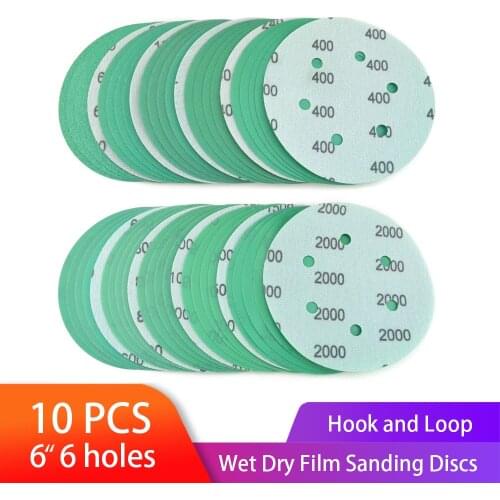6 Inch 6 Holes Sanding Discs Wet Dry Green Film Dustless Sander Sandpaper Hook and Loop for Woodworking or Automotive Polishing