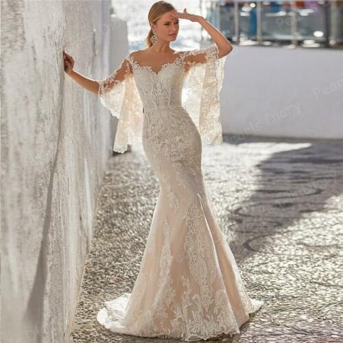 Tempting Flare Sleeves Mermaid Wedding Dresses Sheer Neck Lace Appliques Bridal Gowns 2021 Robe De Mariee Champagne Bride Dress