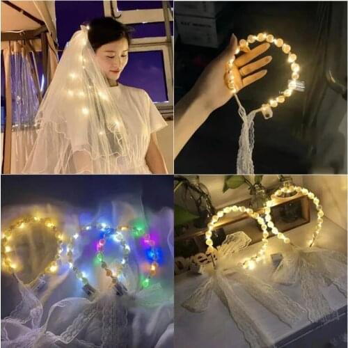LED Luminous Retro Lace Big Pearl Headdress with Bow Headband Fairy Hairband Birthday New Year Wedding Party Decoration Toy Gift
