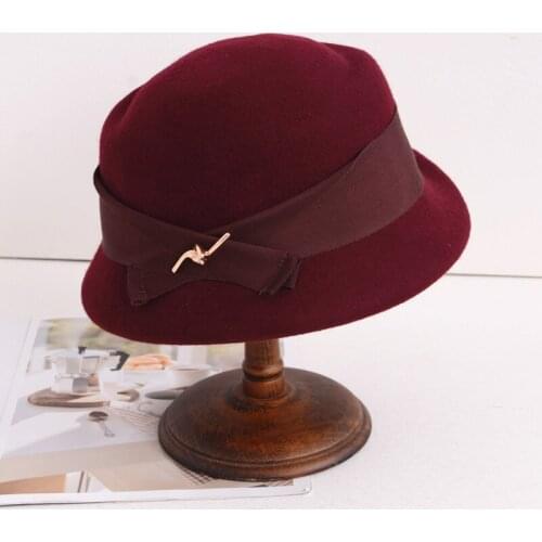Vintage Pillbox Hats For Women British Style Wool Felt Fedoras Bowknot Metal Buckle Short Brim Black Ladies Church Pork Pie Hat