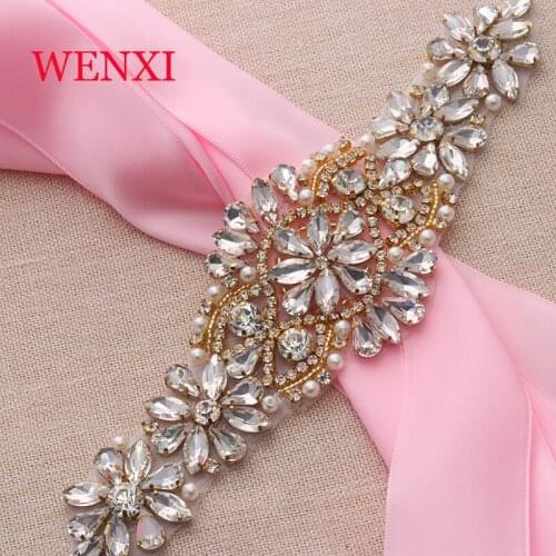 WENXI (30 pcs) Wholesale Rhinestones Appliques Sew On For Bridal Dress Sash Clear Rose Gold Crystal DIY Bridal Sash WX824