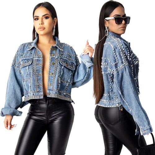 S-XXL Women Jean Jacket Studded Long Sleeves Blue Denim Jacket Distressed Star Coat