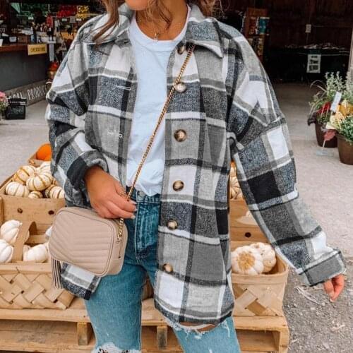 Women Long Sleeve Plaid Shirt Jacket Autumn Winter Buttons Coat Loose Outerwear