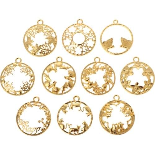 10 Pcs/Set Round Floral Frame Metal DIY Epoxy Resin Crafts UV Resin Exquisite Carved Jewelry Pendant Earrings Hollow Charms
