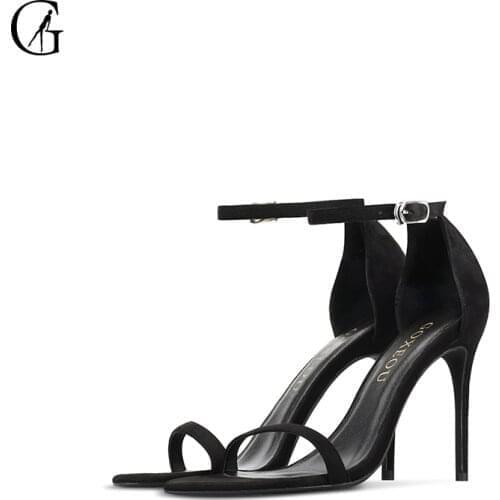 GOXEOU Womens Sandals Flock Black Ankle Strap Round Toe High Heels Sexy Party Nightclub Fashion Office Lady Shoes Size 32-46