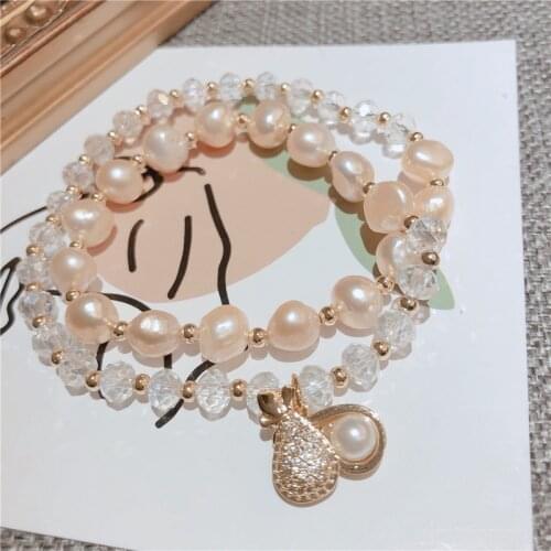 2 Circles Irregular Natural Freshwater Pearls Full Rhinestone Purse Pendant Zircon Bracelets for Women Fashion Jewelry YBR311