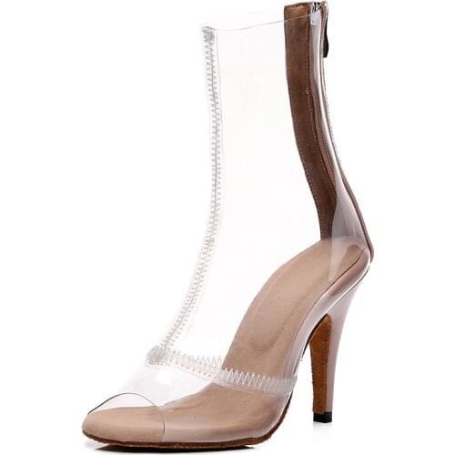 Women Transparent Latin Lance Shoes pink soft bottom ballroom salsa dancing shoes for girls hip top latino dance boots for woman