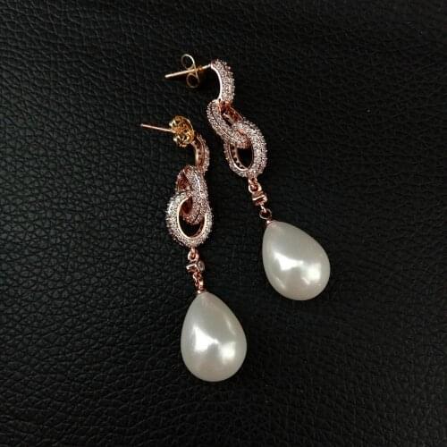 Teardrop White Sea Shell Pearl Rose Gold color Plated Cz Cubic Zirconia Pave loop Post Earrings for women