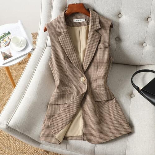 Women Sleeveless Plaid Blazer Waistcoat 2021 Spring And Autumn New Fashion Ladies One Button Slim Small Suit Vest Jacket M369