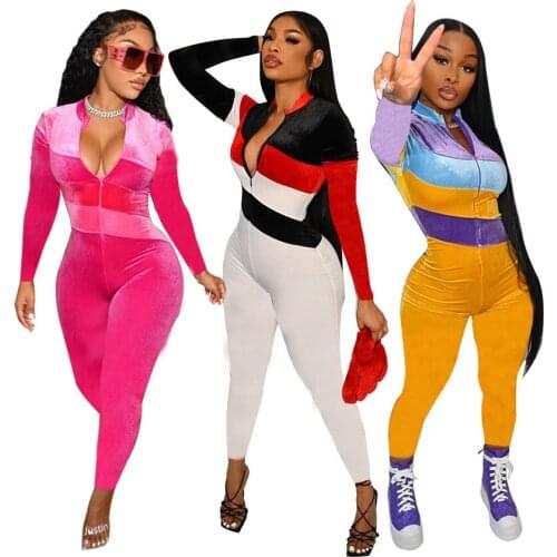 New Autumn Winter Color Block Patchwork Rompers Womens Jumpsuit Sexy Zipper Long Sleeve Pencil Pants Club Jumpsuit Women Outfits