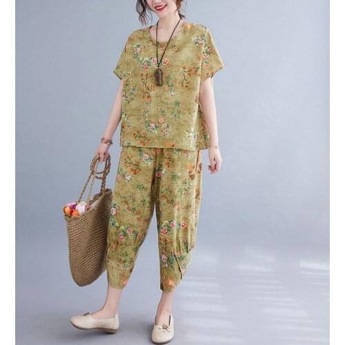 2 Piece Sets Women Summer Cotton Linen Casual Pants Suits New 2021 Vintage Style Female Tops Tees And Calf-length Pants B118