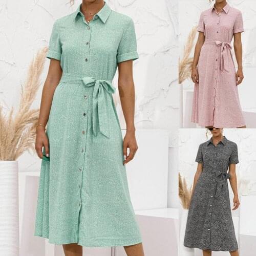 Beach Summer Shirt Dress Print Vintage High Waist Mini Casual Women Dresses Loose Short Sleeve Single-Breasted Tie Waist Dress