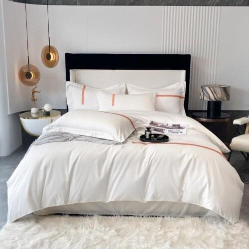 100% Egyptian Cotton Sateen Silky 800TC Simple Line Embroidery Ultra Soft Bedding Set Bed Sheet Pillow shams Closure White Gray