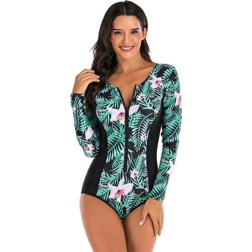 Bikini 2020 Print Swimsuit One Piece Retro Long Sleeve Swimwear Women Bather Monkini Zipper Female Beach Wear Surfing New