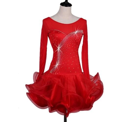 Shiny Rhinestone Latin Dance Dress Women Adult Long Sleeve Latin Dance Skirt Performance Competition Costume Customizable