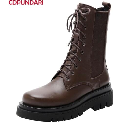 Ladies Black Genuine Leather Med Heels Platform Ankle Boots Women Autumn Winter Punk Martin Short Boots Shoes Bottes Plateforme