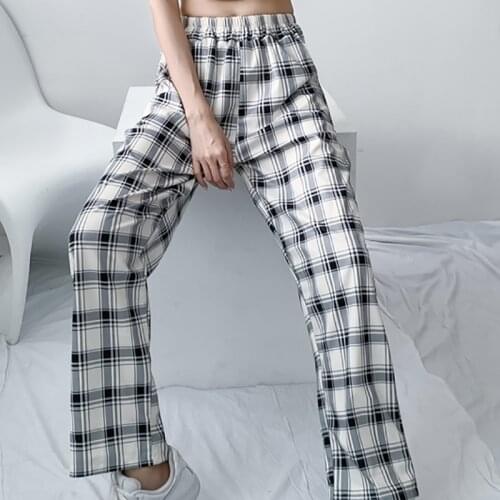 Zoki Loose Women Plaid Pants Casual Plus Size White High Waist Straight Wide Leg Pants Summer Pink Ladies Trousers Dropshipping