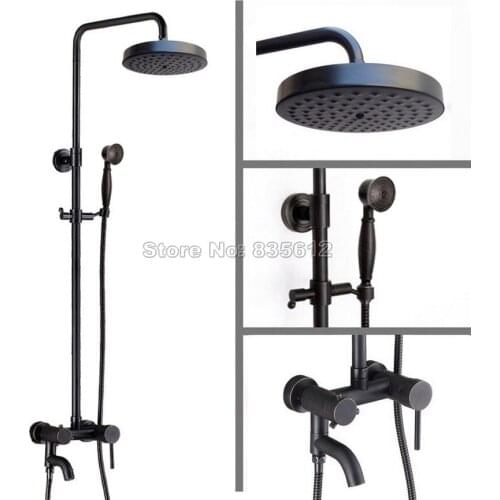 Black Oil Rubbed Bronze Wall Mounted Bathroom Round Rainfall Shower Faucet Set with Hand Spray Single Handle Bathtub Taps Wrs367