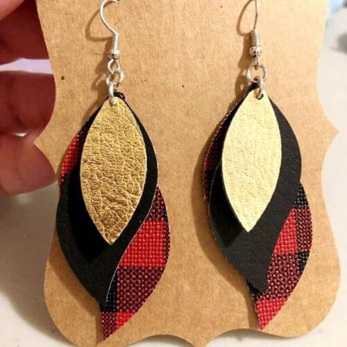 Lightweight Gold Black Glitter Faux Leather Earrings 3 Layers Dangle Drop Red Buffalo Plaid Earrings