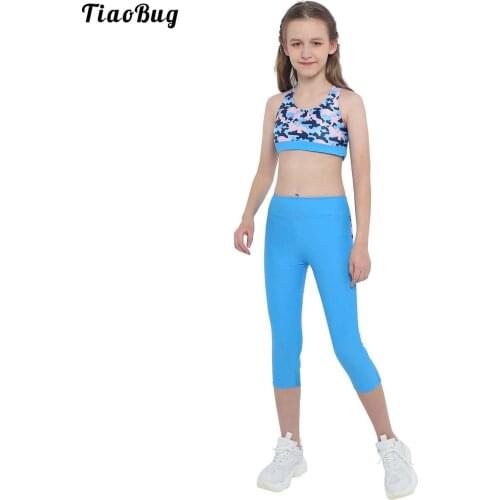 Summer 2Pcs Kids Girls Printed Sport Suit U Neck Sleeveless Tank Top Mesh Patchwork Pants Set Running Gym Yoga Fitness Sportwear