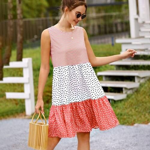 Fashion Casual Dress Women Summer O-neck Sleeveless Patchwork Polka Dot Beach Dresses Sweet Loose Party Vestidos For Femme