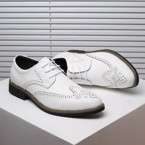 Yomior New Big Size Men Shoes Leather Vintage Italian Formal Dress Loafers Autumn Business Suit Party Wedding Brogue Shoes White