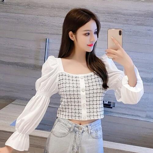 New Autumn women square neck Lantern sleeve patchwork knitted shirt chic ladies streetwear Long sleeve blouses femininas tops