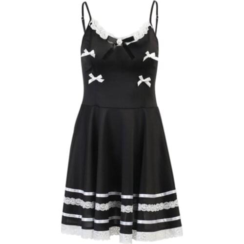 Autumn womens lace stitching striped suspender dress