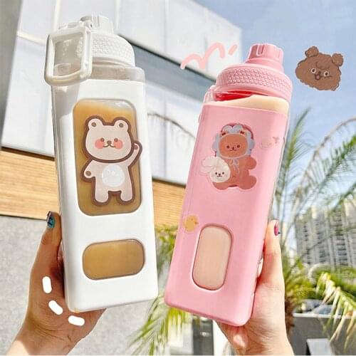 New Cute Bear Transparent Square Plastic Water Bottle With Straw Outdoor Sports Large Capacity Tour Bicycle Drinking Bottle Cups