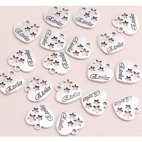 10pcs/lot Antique Silver Color Hollow Charms Stars Heart Pendants fit Bracelets Necklaces Jewelry Making Charms 20*17mm