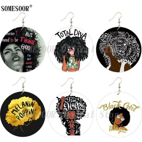 SOMESOOR Melanin Poppin Total Diva Afro Natural Hair Wooden Drop Earrings Black Girl Magic Both Sides Printed For Women Gifts