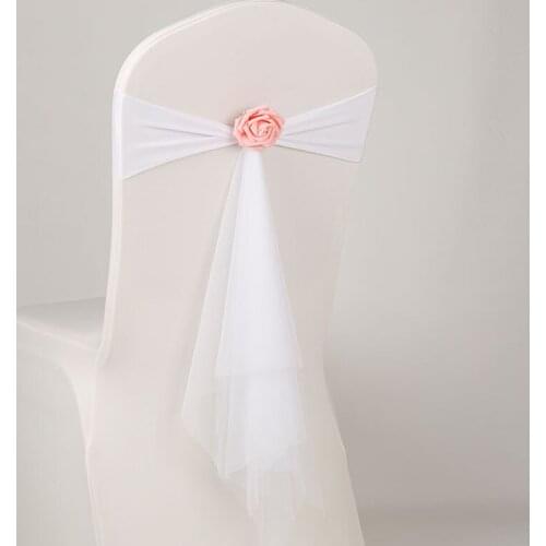 Spandex Sash With Rose Ball Artificial Flower And Organza Chair Sash Wedding Lycra Bow Tie Band Wedding Christmas Decoration