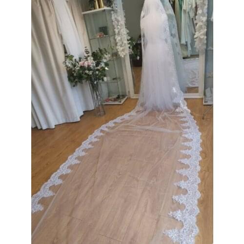 Wedding veil high-end and vintage cathedral single layer bridal veil 5M white or ivory sequined lace tulle veil with comb