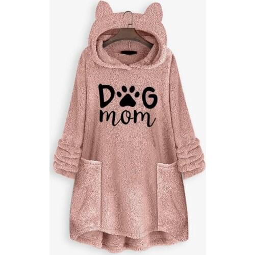 Warm Autumn Winter Women Hoodies DOG MOM Letter Embroidered Hooded Sweatshirt Pullover Sweater Double-sided Fleece Loose Fit