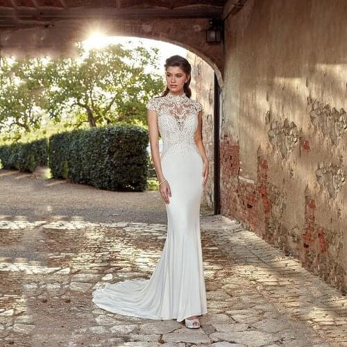 Vintage Mermaid Wedding Dresses Satin 2021 High Neck Lace Appliques Bridal Gowns Dubai Boho Beach Floor Length Robe De Mariee