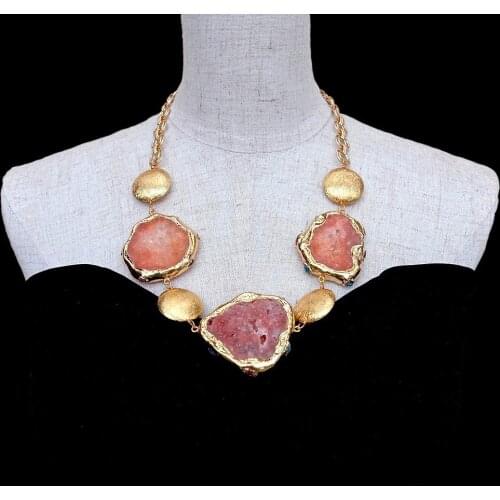 Y·YING Orange Color Agate Slice Gold Plated Brushed Coin Bead Chain Necklace 24"