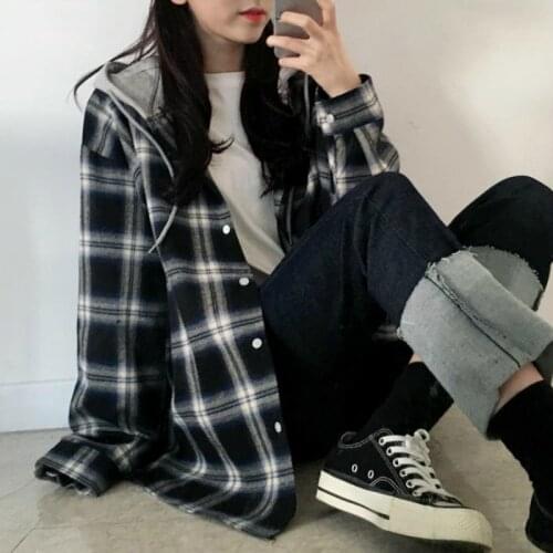 Women Oversized Jackets Long Sleeve Coat Plaid Hooded Tops Drawstring Patchwork Girl Outwear Preppy Style Students Streetwear